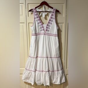 Anthropologie White Sleeveless Dress with Pink Embroidery